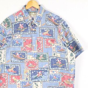 古着 大きいサイズ 00's ハワイ製 レインスプーナー 半袖プルオーバー アロハシャツ メンズUS-2XLサイズ クリスマス柄 ブルー系 tn-1775n