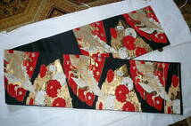 女性　袋帯　黒赤　鶴　花柄S　中古　幅　30　長さ　412_画像1