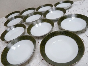 (☆BM)Noritake/ノリタケ WALDEN 2028 スープボウル 12枚/19㎝ サラダボウル 深皿 ダークグリーン 廃盤品 希少 レア オールドノリタケ