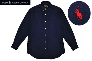 Y-5739★送料無料★美品★Polo by Ralph Lauren ポロ ラルフローレン★正規品 ネイビー紺 ポニーロゴ刺繍 長袖 ボタンダウン シャツ 160cm