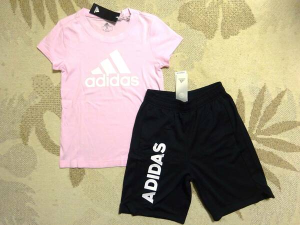 新品★送料込み!!★adidasアディダス★上150・下140★ガールズ半袖Ｔシャツ(ピンク)・ショーツ(ブラック黒)★上下★即決★ラスト1点