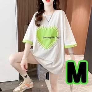  半袖Tシャツ蛍光グリーンハートかわいい 清潔感カジュアルゆったり Tシャツレディース