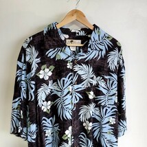 240◆JOE MARLIN アロハシャツ size2XL 黒 ブラック リーフ柄 コットン×レーヨン USED ビッグサイズ オーバーサイズ キングサイズ_画像2