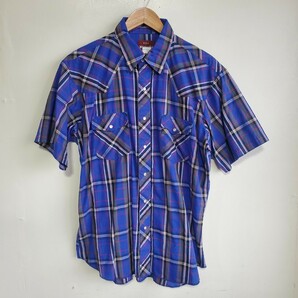 232◆ラングラー Wrangler 半袖 ウエスタンシャツ sizeL チェック柄 青ベース vintage 中古 USED アメカジの画像1