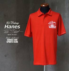 80s ヴィンテージ USA製 ヘインズ Hanes Stuart Anderson's SQUARE COW SPORTS CLUB 赤 レッド 綿ポリ 半袖 ポロシャツ M