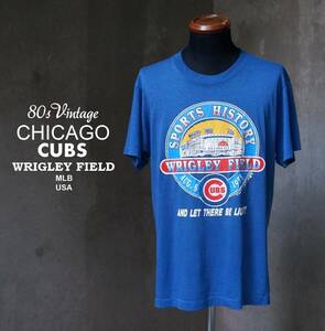 80s ヴィンテージ MLB シカゴ・カブス CHICAGO CUBS WRIGLEY FIELD 初ナイター記念 青 ブルー 綿ポリ 半袖 Tシャツ L相当