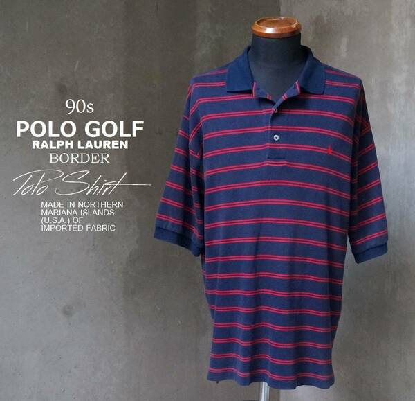 90s ポロ ゴルフ POLO GOLF 紺×赤 ボーダー 半袖 ポロシャツ L