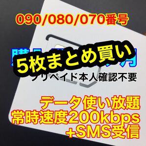 5枚セット SMS受信可能 データ通信使い放題SIMカード プリペイドSIM