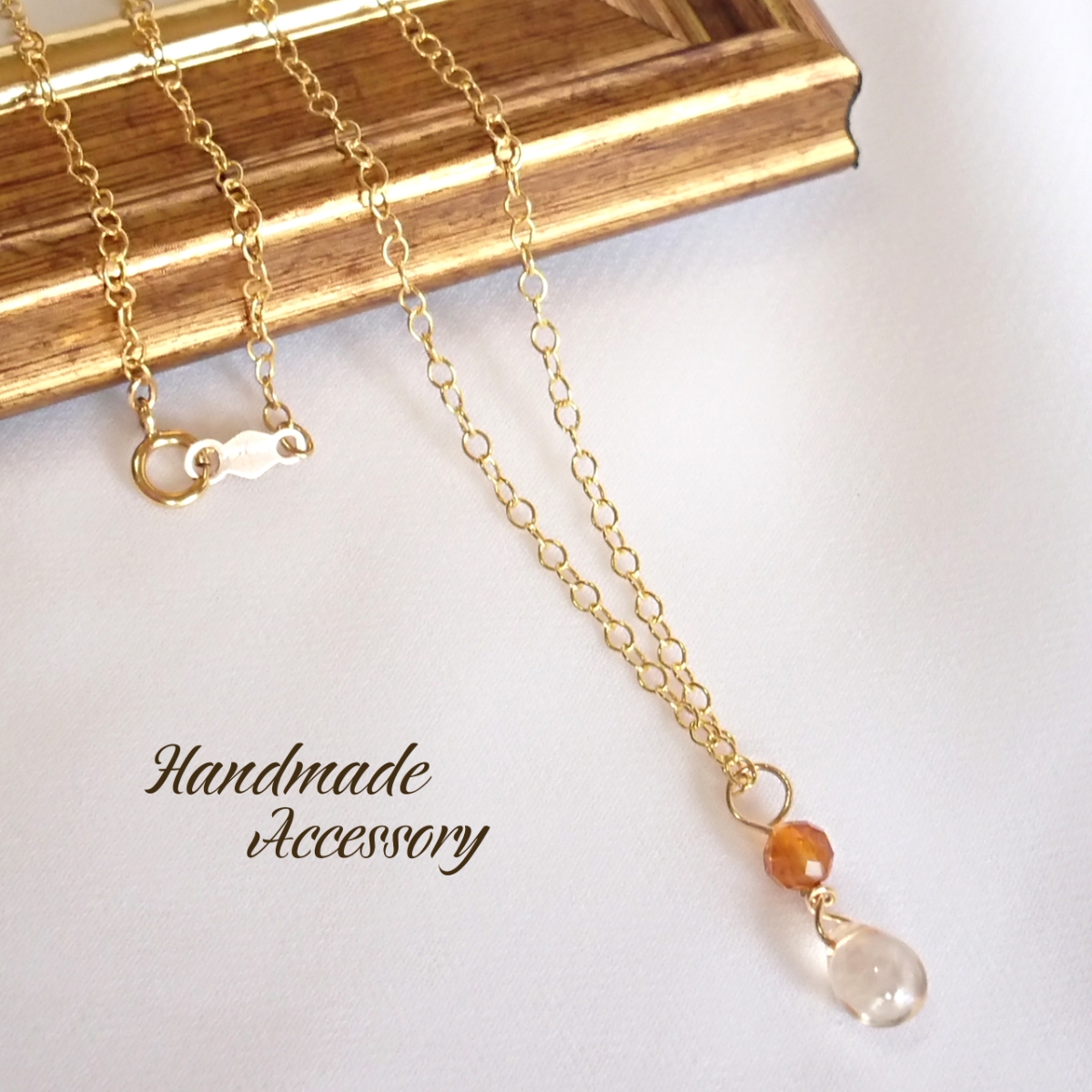 *Handmade*Natural stone*June birthstone*Petite necklace with gemstone-quality brandy citrine and Czech drop (champagne luster)**, Handmade, Accessories (for women), necklace, pendant, choker
