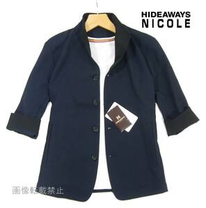 新品 ニコル　ウール調 七分袖 スタンドカラー ジャケット　48/L　紺 ネイビー　衿ワイヤー HIDEAWAYS NICOLE