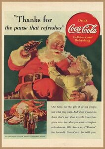 Coca-Cola レトロミニポスター B5サイズ 複製広告 ◆ コカコーラ サンタクロースと女の子 冷たいコーラ USAD5-152