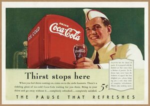Coca-Cola レトロミニポスター B5サイズ ◆ 複製広告 コカコーラ 店員さん 渇きはこの場所で USAD5-037