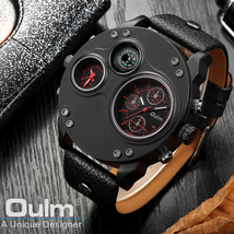 腕時計 メンズ Oulm 海外ブランド クオーツ スチームパンク 防水 レザーバンド 選べる4色 2タイムゾーン_画像9