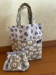 コスモス柄ベージュ★TALL TOTEトートバッグとバネポーチ★ハンドメイド★