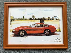 ■BOW。池田和弘『Ferrari 365GTB Daytona』B5サイズ 額入り 貴重イラスト 印刷物 ポスター風デザイン 額装品 アートフレーム 旧車