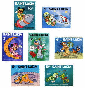 ディズニー　ミッキー＆ミニー＆ドナルド＆グーフィー　切手7枚セット　宇宙　発行国Saint Lucia　1980年発行　新品