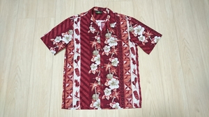 5 Royal Creation ロイヤルクリエイション ハワイ製 アロハシャツ 赤茶 ハイビスカス 幾何学 ヤシの木 コットン100％ M