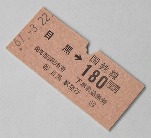 昭和61年 3月22日 切符 乗車券 目黒駅 180円区間 レトロ 硬券 国鉄線 鉄道 東京都 B型 B券