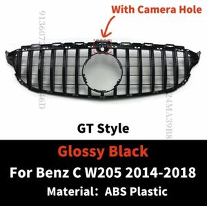 【送料無料】フロントグリル GTスタイル 艶有りブラック Benz ベンツ Cクラス W205 2014-2018 カメラ穴付き