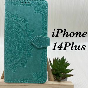 iPhone14Plus ケース　太陽の曼荼羅 　ミントグリーン 手帳型ケース