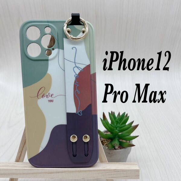 【匿名配送】iPhone12promaxケース TPU 柄ベルト付　韓国　グリーン 