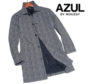 新品! アズールバイマウジー ニットジャガード ステンカラーコート ブラック (L) 送料520円☆AZUL BY MOUSSY チェック ストレッチ 黒 灰 ★