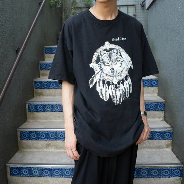 USA VINTAGE INDIAN WOLF PRINT DESIGN T SHIRT/アメリカ古着インディアンオオカミプリントデザインTシャツ