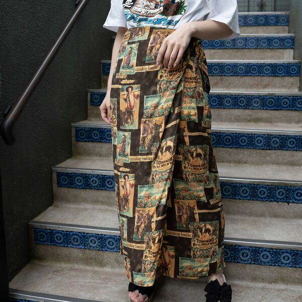USA VINTAGE DOUBLE RANCH WEAR AMERICAN RETRO PATTERNED WRAP SKIRT/アメリカ古着アメリカンレトロ柄巻きスカート