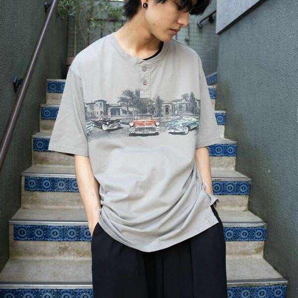 USA VINTAGE CAR PRINT DESIGN HENRY NECK T SHIRT/アメリカ古着車デザインヘンリーネックTシャツ