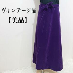 【美品】光沢 キュプラ使用 フレアラップスカート　パープル　ベロア生地　光沢　フレア　L相当　ゆったり