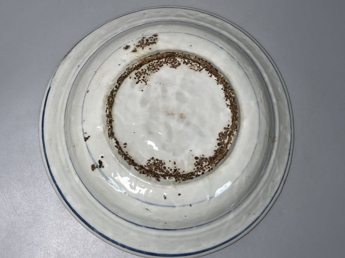 唐物 明時代 古染付 鳥文青花山水 菓子皿 陶磁器 直径約28.5cm 茶道具