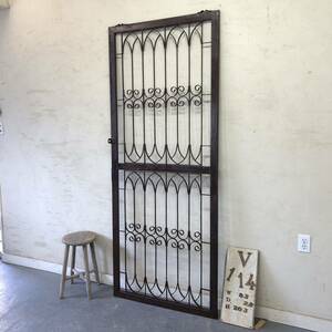 V-114=W83×H203 old iron made. one-side . door fittings fence antique door in dust real Vintage divider partition ftg