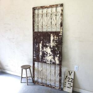 V-122=W80×H199 old iron made. one-side . door fittings fence antique door in dust real Vintage divider partition ftg