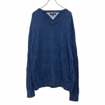 TOMMYHILFIGER コットン ニット セーター XLブルー トミーヒルフィガー ロゴ Vネック 古着卸 アメリカ仕入 a506-5932_画像1