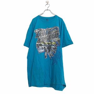半袖 プリント Tシャツ 2XL ターコイズブルー ビッグサイズ スカル インディアン バックプリント 古着卸 アメリカ仕入 a506-6327