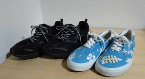 【2足セット　洗い済み】VANS/バンズ＆kappa/カッパ　 スニーカー　各25.0cm　メンズ　レディース　水色　花柄　ハイビスカス