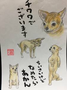 Art hand Auction Wataru Takahashi Wataru Takahashi Wataru Takahashi Authentischer Manga-Künstler Handgezeichnete Malerei Aquarellmalerei Landschaftsmalerei Malerei Handgezeichnete Illustration Hund Chihuahua Zeichnung Poesie Lied Blindenhund Tiermalerei, Malerei, Aquarell, Tierzeichnung