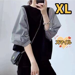 レディースtシャツ ゆったり 切り替えチェック ふんわり袖 レディース夏物XL