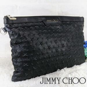 美品☆JIMMY CHOO ジミーチュウ クラッチバッグ セカンドバッグ スター エンボス A4可能 本革 ブラック 黒 迷彩 カモフラ スター スタッズ