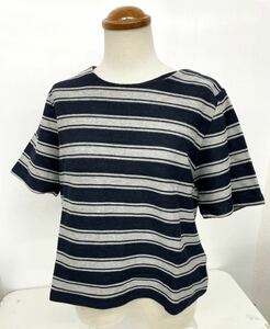 DEUXCHANTS lady's short sleeves cut and sewn XL gray × navy border easy to use tops large size 