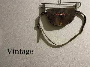 ◯ Vintage スタッズ レザー ボディ バッグ / ウエスト ポーチ クラック スネーク インレイ ストーン ブラウン 茶 Mens Ladies #Sirchive