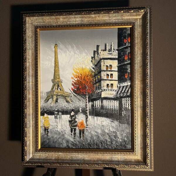 手書き油絵 パリの風景 エッフェル塔額付 絵画 インテリア 油彩画