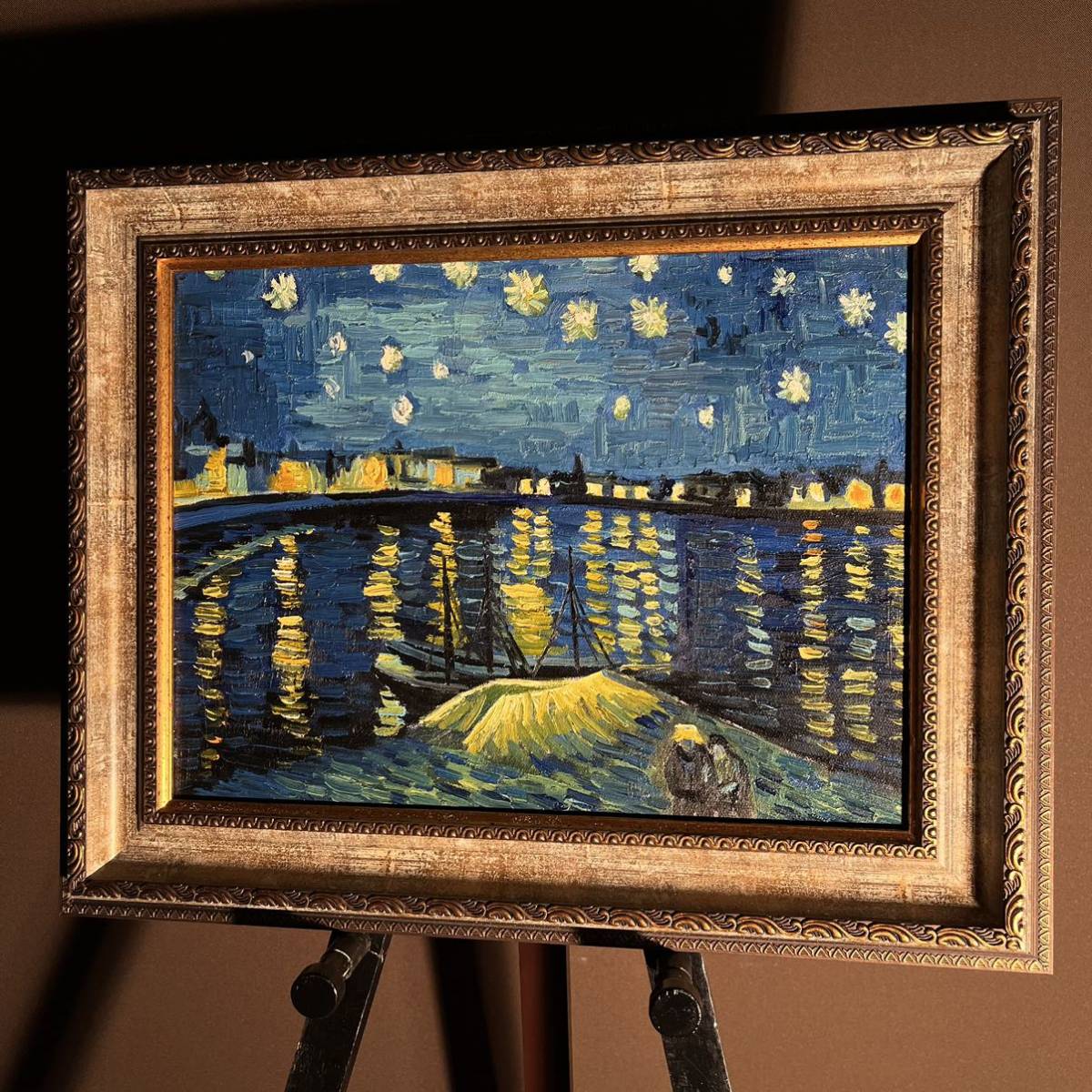 Peinture à l'huile manuscrite Van Gogh nuit étoilée sur le Rhône, peinture encadrée, peinture à l'huile intérieure, peinture, peinture à l'huile, Nature, Peinture de paysage