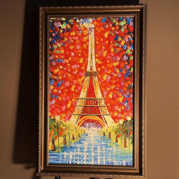 手書き油絵 パリの風景 エッフェル塔 絵画 額付き インテリア 油彩画