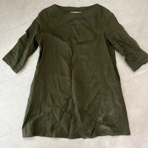 未着用品【SWARM】リネン ノーカラー膝丈チュニックワンピース カーキ