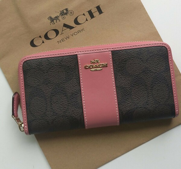 【新品】COACH コーチ 長財布 シグネチャー 　ブラウン　ピンク