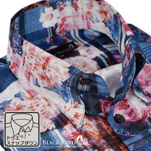 6#161914-bl [SALE] BLACK VARIA ドゥエボットーニ タータンチェック×ローズ花柄 スナップダウンシャツ メンズ(ブルー青ピンク桃) XL 衣装