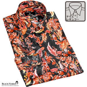 6#a201953-bkor ブラックバリア 隠れ豹ボタニカル柄 ドゥエボットーニ レギュラーカラー ジャガード ドレスシャツ メンズ(オレンジ橙黒) XL