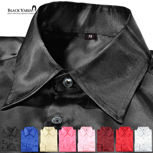 ネコポス可★141405-bk BLACK VARIA 光沢サテン 無地 スリム レギュラーカラードレスシャツ メンズ(サテンブラック黒) XL 衣装