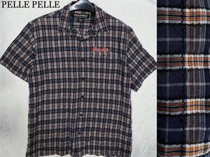 美品◇ PELLE PELLE MAC BUCHAMAN ペレペレ マークブギャナン 90's 半袖シャツ チェック柄シャツ 刺繍ロゴ/大きいサイズXL レーヨン80%